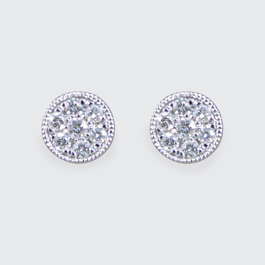 Diamond Cluster Stud Earrings in 9ct White Gold Milgrain Circular Setting - Wharfedale Antiques