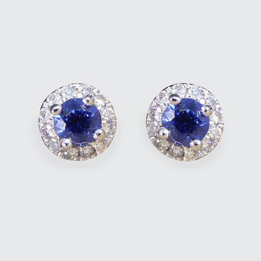 Sapphire and Diamond Target Cluster Stud Earrings in 9ct White Gold - Wharfedale Antiques