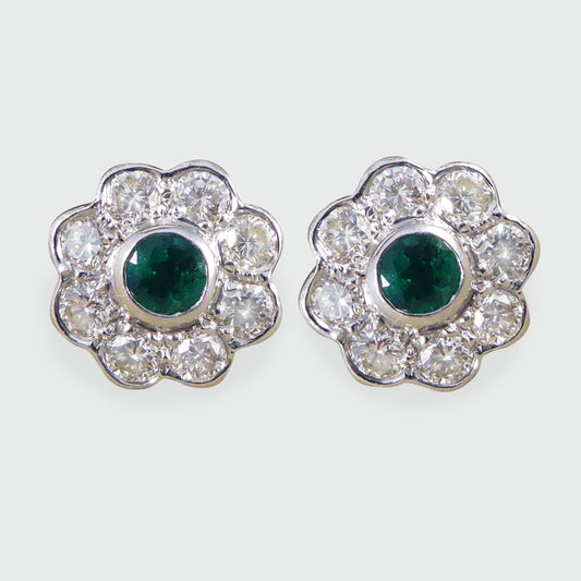 Contemporary Emerald and Diamond Cluster Earrings in 18ct White Gold - Wharfedale Antiques