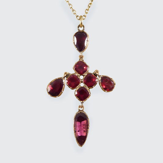 Antique Georgian Foiled Back Garnet Cross Drop Pendant Necklace in Yellow Gold - Wharfedale Antiques