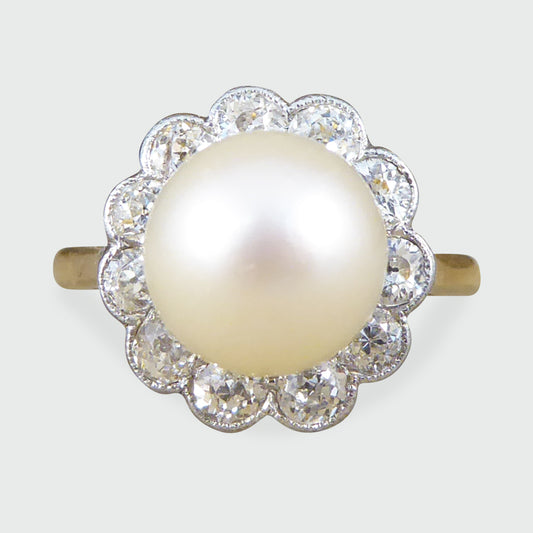 1930's Cultured Pearl and Diamond Cluster Ring in 18ct Gold - Wharfedale Antiques