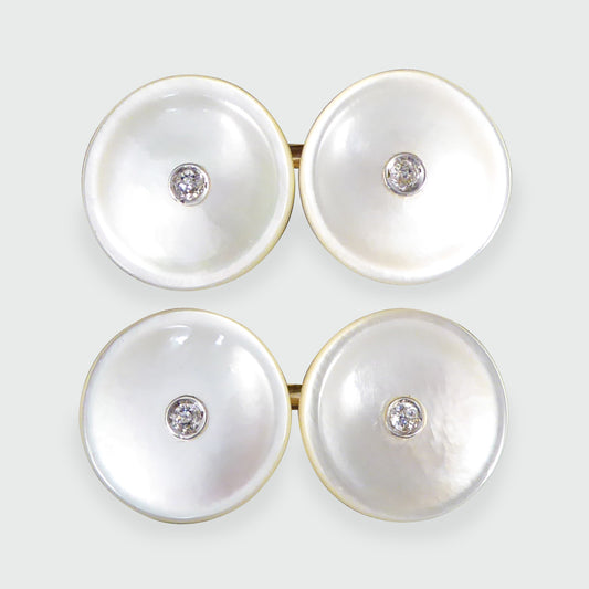 Vintage Mother of Pearl Cufflinks set with Diamonds in 14ct Gold