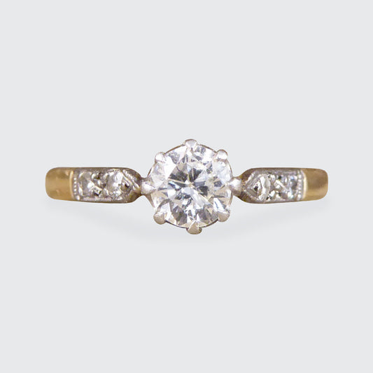 1920's Diamond Solitaire Ring with Diamond set Shoulders in 18ct Yellow Gold and Platinum - Wharfedale Antiques
