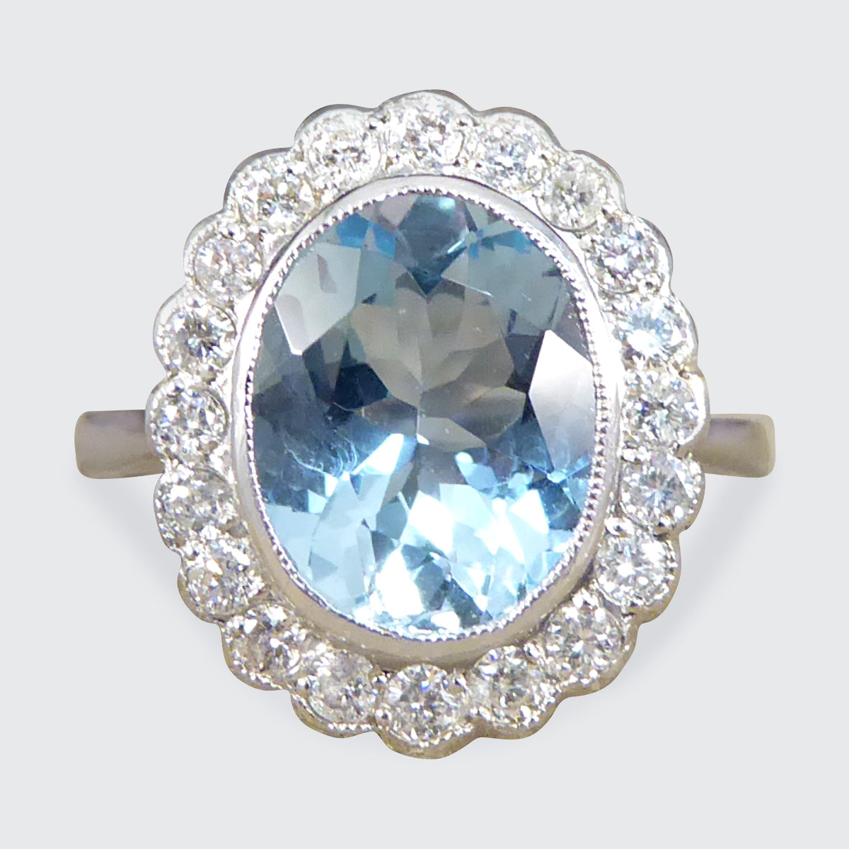 Edwardian Inspired 2.25ct Aquamarine and Diamond Cluster Ring in Platinum - Wharfedale Antiques