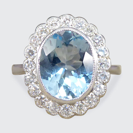 Edwardian Inspired 2.25ct Aquamarine and Diamond Cluster Ring in Platinum - Wharfedale Antiques