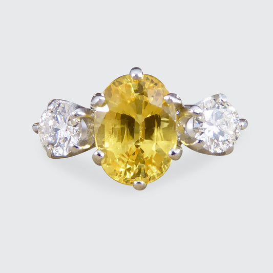 Contemporary 1.84ct Yellow Sapphire and Diamond Three Stone Ring in Platinum - Wharfedale Antiques