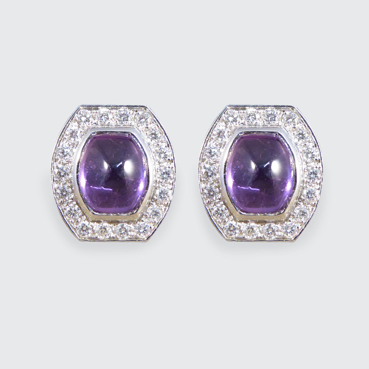 3.40ct Cabochon Cut Purple Sapphire and Diamond Halo Cluster Stud Earrings - Wharfedale Antiques