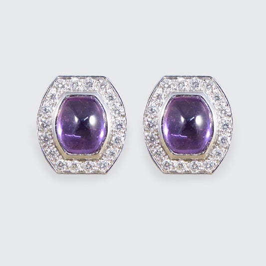 3.40ct Cabochon Cut Purple Sapphire and Diamond Halo Cluster Stud Earrings