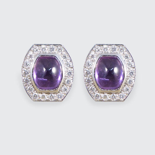 3.40ct Cabochon Cut Purple Sapphire and Diamond Halo Cluster Stud Earrings - Wharfedale Antiques