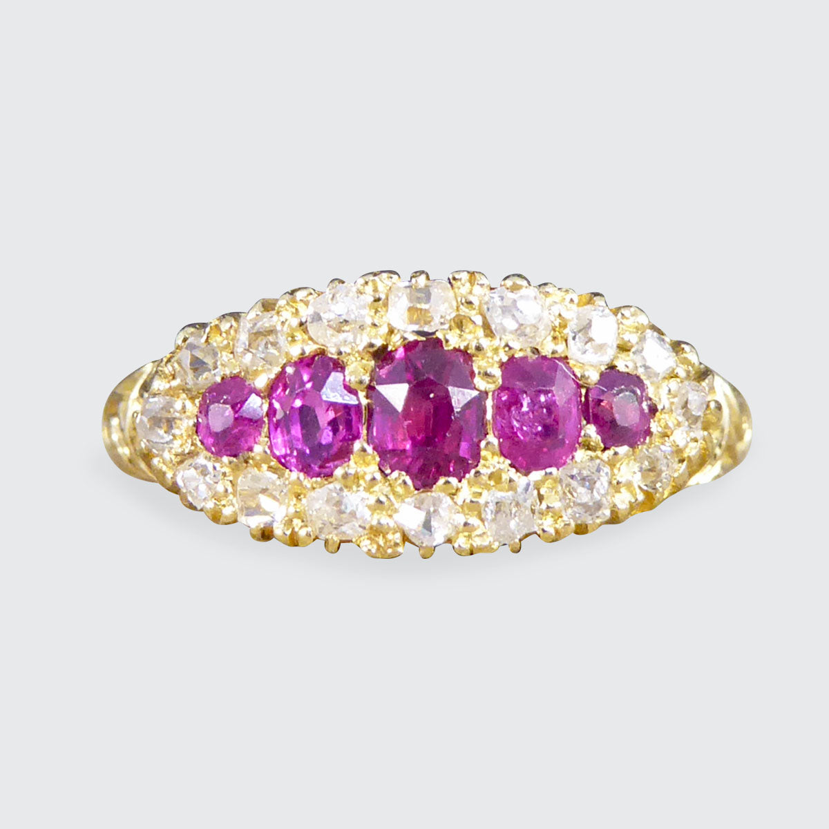 Late Victorian Ruby Five Stone and Diamond Cluster Ring in 18ct Yellow Gold - Wharfedale Antiques
