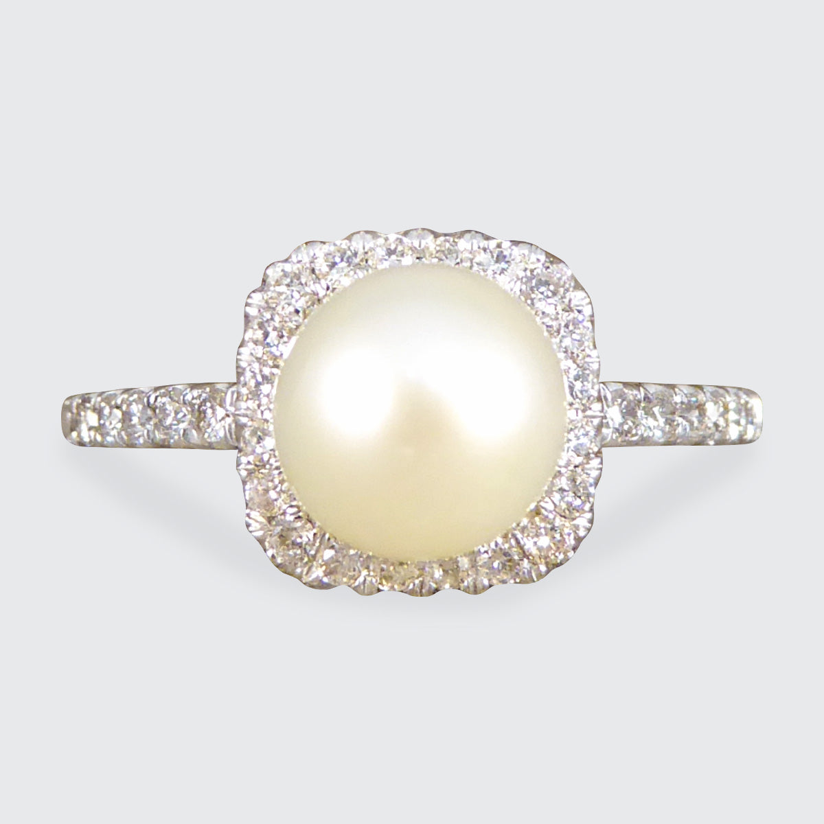 Fresh Water Culture Pearl and Diamond Square Halo Ring in White Gold - Wharfedale Antiques