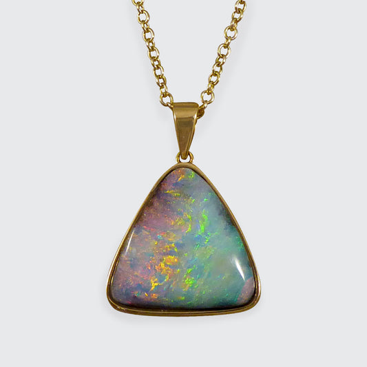 Black Opal Triangular Necklace set in 18ct Yellow Gold on Yellow Gold Trace Chain - Wharfedale Antiques