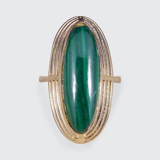 Art Deco High Set Malachite Ring in 9ct Yellow Gold - Wharfedale Antiques