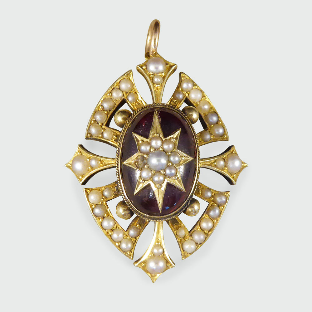 Victorian Cabochon Garnet and Seed Pearl Pendant in 15ct Yellow Gold - Wharfedale Antiques
