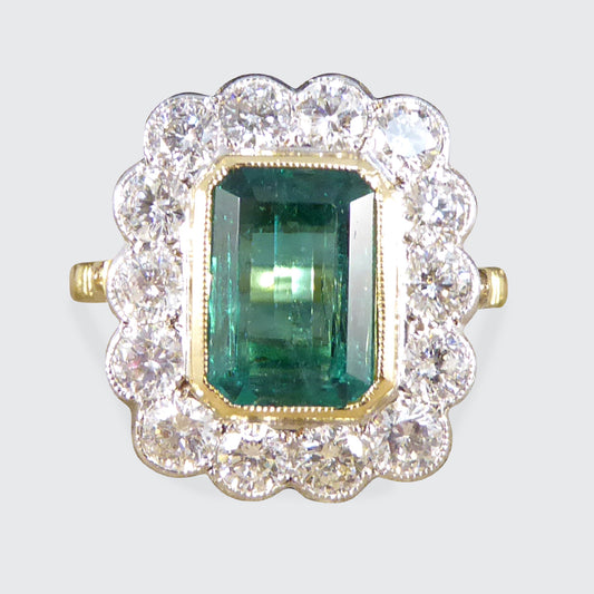 Contemporary Edwardian Style 2.50ct Emerald and 1.20ct Diamond Cluster Ring in 18ct Gold - Wharfedale Antiques