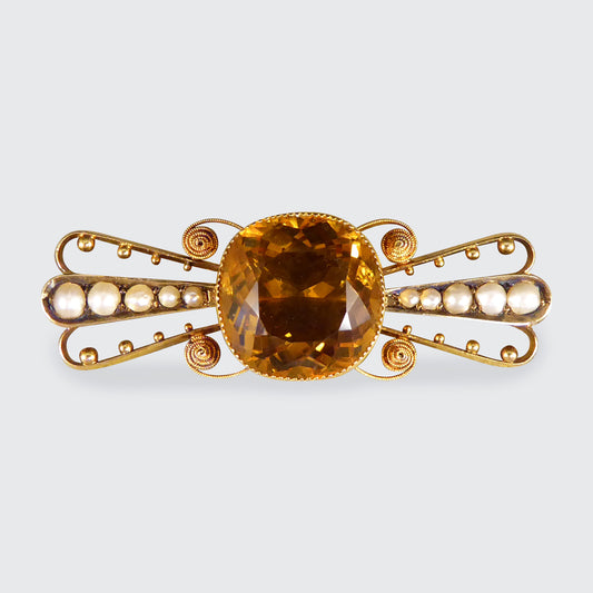Antique C1900 Collar Set Citrene Brooch with Pearl and Dot Decorative Wings in 15ct Yellow Gold - Wharfedale Antiques