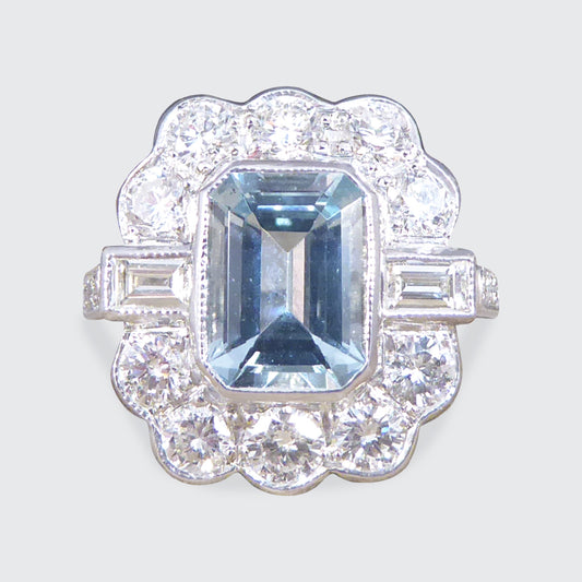 Contemporary Edwardian Style 1.30ct Aquamarine and Diamond Ring in Platinum - Wharfedale Antiques