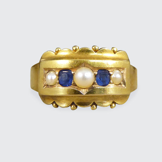 Antique Late Victorian Sapphire and Pearl Five Stone Ring in 15ct Yellow Gold - Wharfedale Antiques