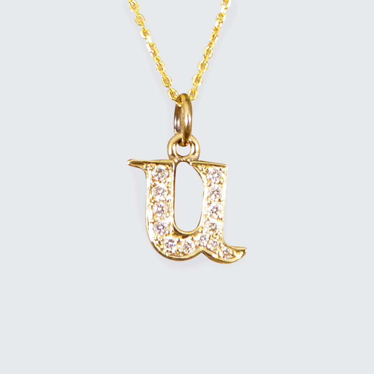 Diamond Set U Initial Pendant in 18ct Yellow Gold on a Yellow Gold Necklace Chain - Wharfedale Antiques