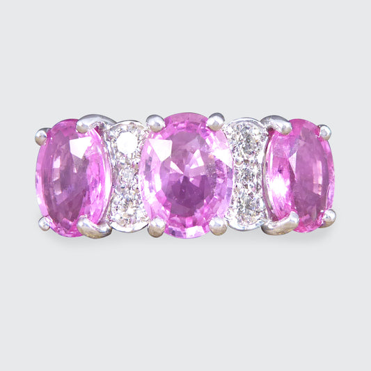 Pink Sapphire Three Stone Ring with Diamond Spacers in 18ct White Gold - Wharfedale Antiques