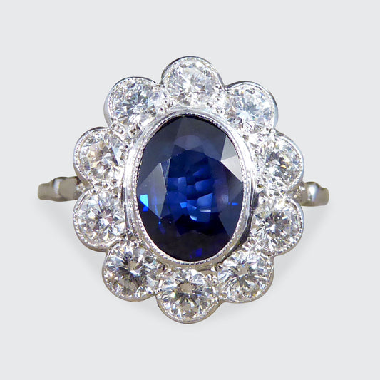 2.07ct Sapphire and 0.95ct Total Diamond Cluster Ring in Platinum - Wharfedale Antiques