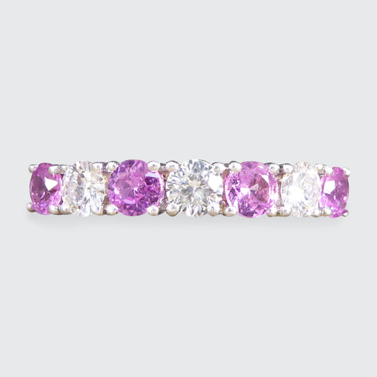 Pink Sapphire and Diamond Half Eternity Ring in 18ct White Gold - Wharfedale Antiques
