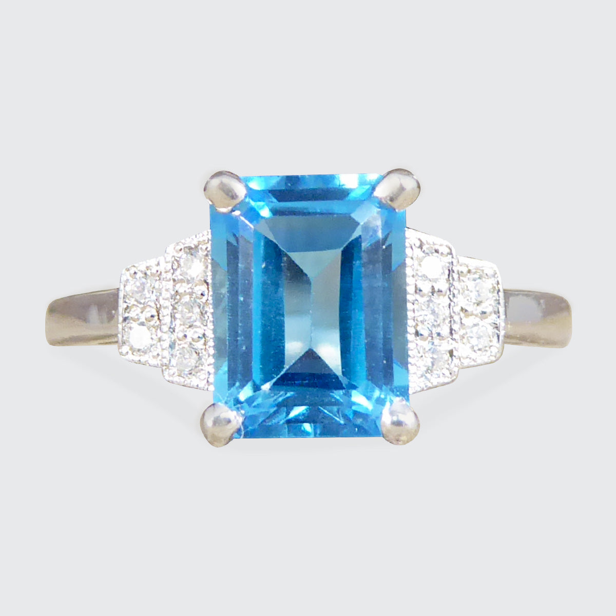 Art Deco Replica Blue Topaz and Diamond Ring in 9ct White Gold - Wharfedale Antiques