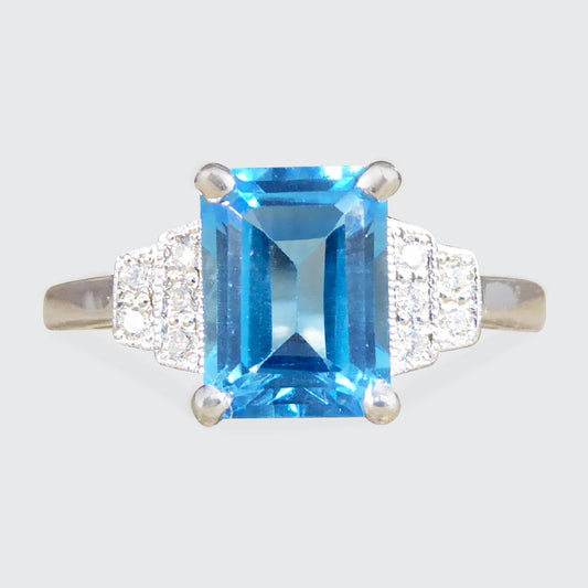 Art Deco Replica Blue Topaz and Diamond Ring in 9ct White Gold - Wharfedale Antiques