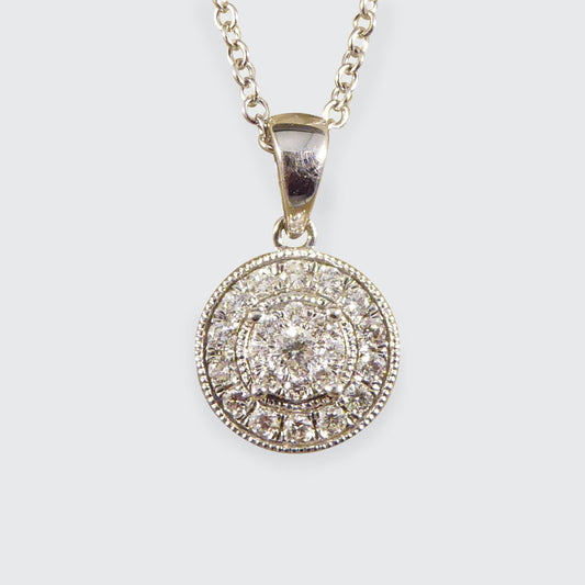 Art Deco Style Modern Diamond Cluster Pendant Necklace in 9ct White Gold - Wharfedale Antiques