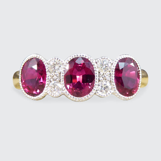 Quality Burma Ruby Three Stone Ring with Diamond Spacers in 18ct Yellow and White Gold - Wharfedale Antiques