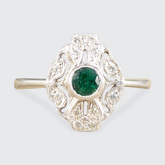 Premium Period Art Deco Replica Emerald and Diamond Plaque Ring in 18ct White Gold - Wharfedale Antiques