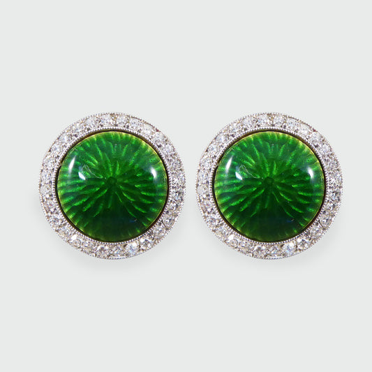 Green Enamel Cufflinks with a Diamond Halo in 18ct White Gold