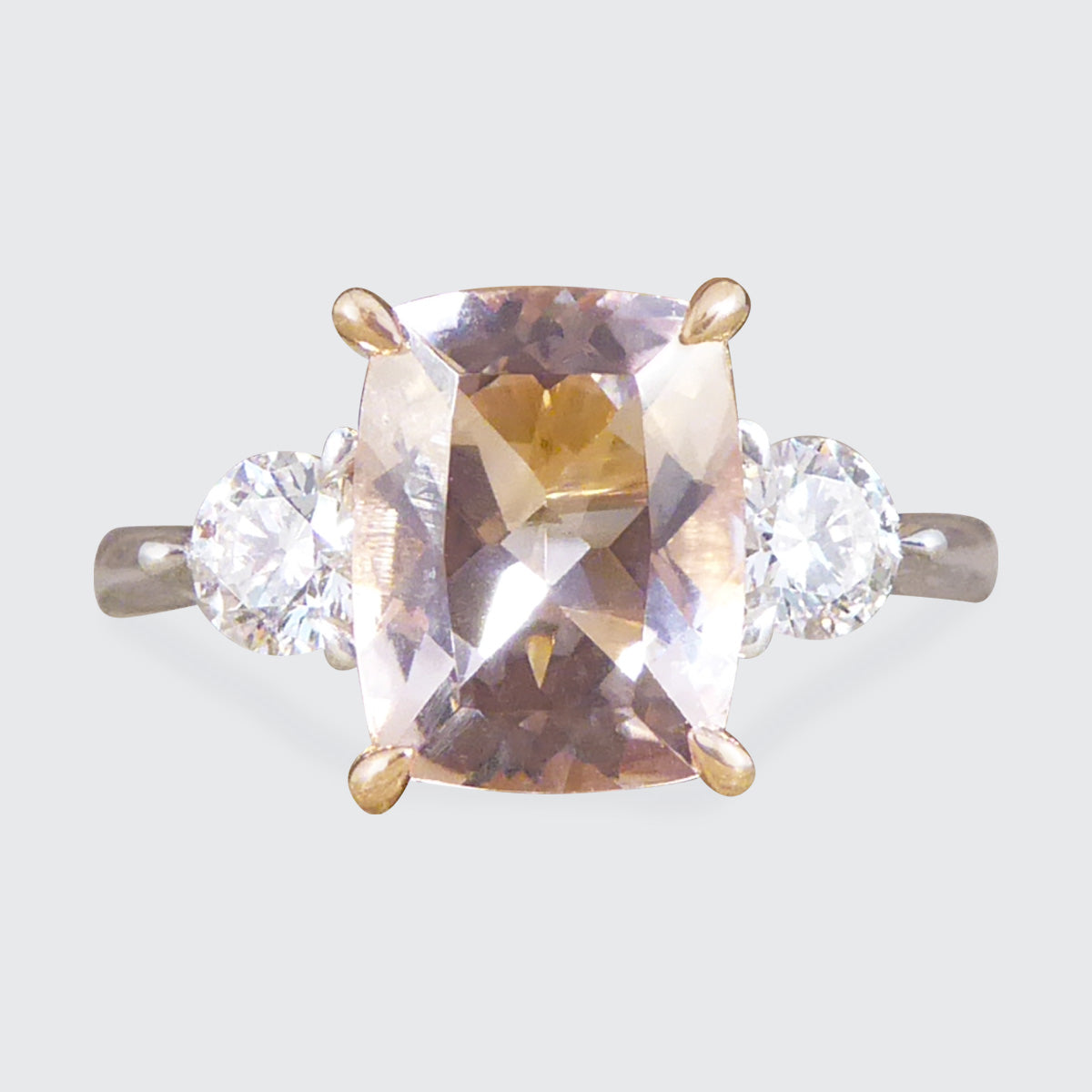 1.75ct Cushion Cut Pink Morganite and Diamond Three Stone Ring in 18ct Rose and White Gold - Wharfedale Antiques