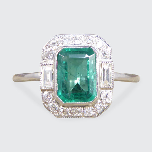 Art Deco Inspired 0.90ct Emerald and Diamond Cluster Ring in Platinum - Wharfedale Antiques