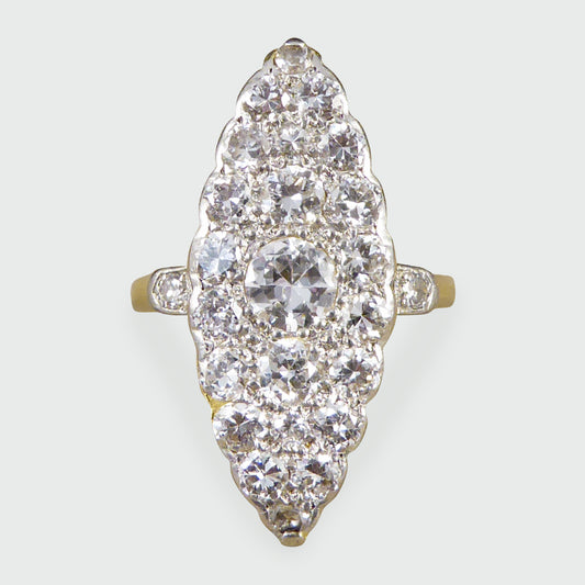 Edwardian 2.3ct Diamond Marquise Shaped Ring in 18ct Yellow Gold and Platinum - Wharfedale Antiques