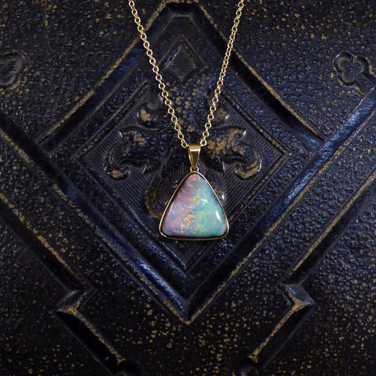 Black Opal Triangular Necklace set in 18ct Yellow Gold on Yellow Gold Trace Chain - Wharfedale Antiques