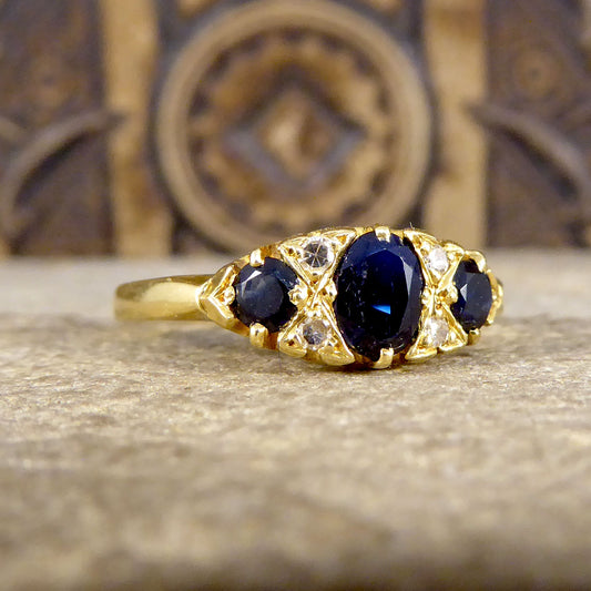 Antique Sapphire and Diamond Boat Ring in 18ct Yellow Gold - Wharfedale Antiques