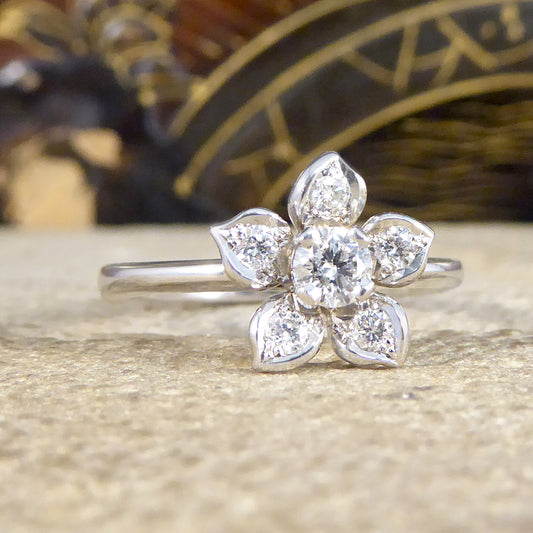 Modern Diamond Set Flower Ring in 18ct White Gold - Wharfedale Antiques