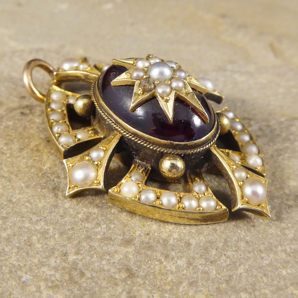 Victorian Cabochon Garnet and Seed Pearl Pendant in 15ct Yellow Gold