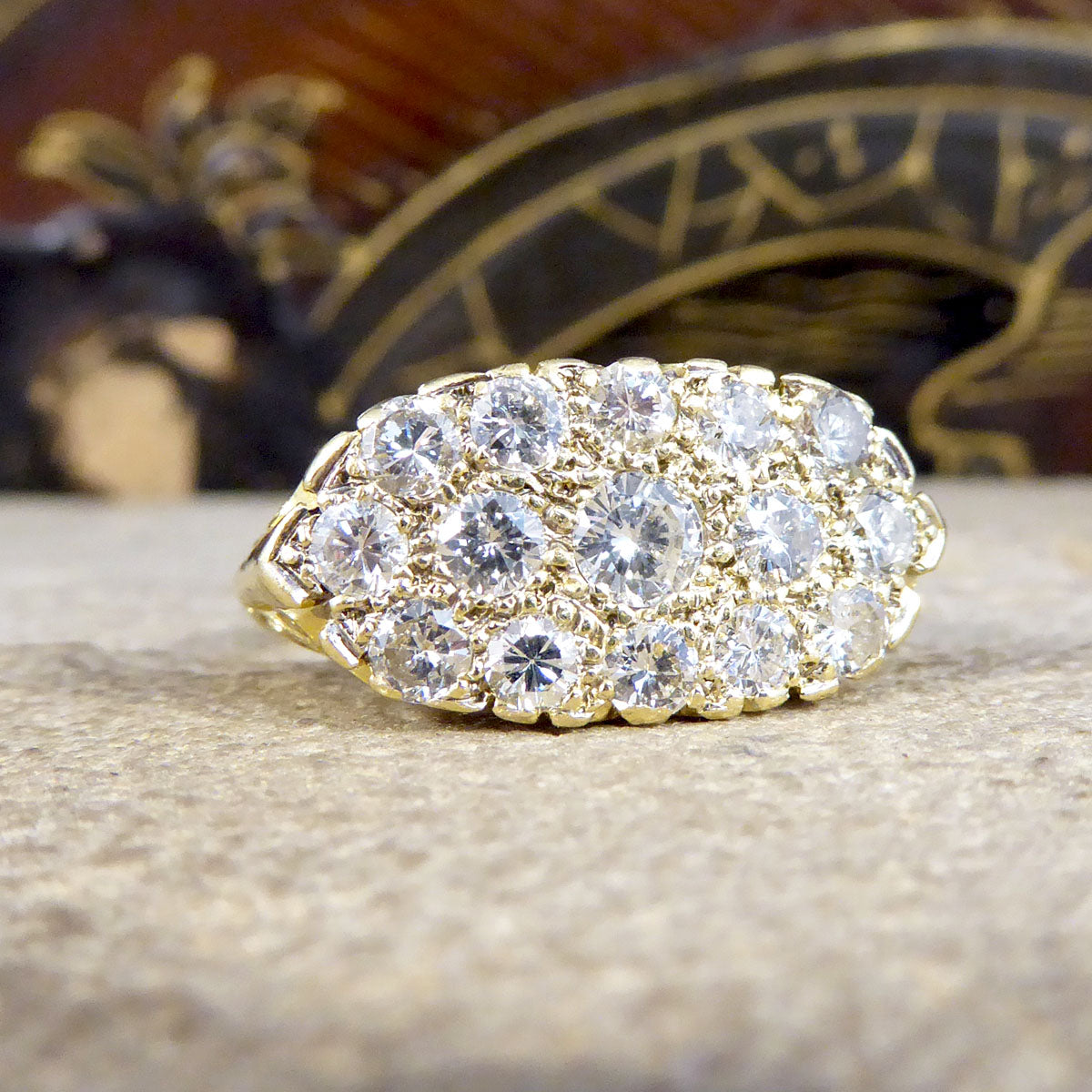 1.40ct Diamond Three Row Cluster Ring with Detailed Gallery in 18ct Yellow Gold - Wharfedale Antiques