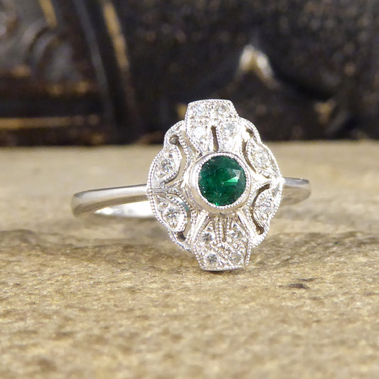 Premium Period Art Deco Replica Emerald and Diamond Plaque Ring in 18ct White Gold - Wharfedale Antiques