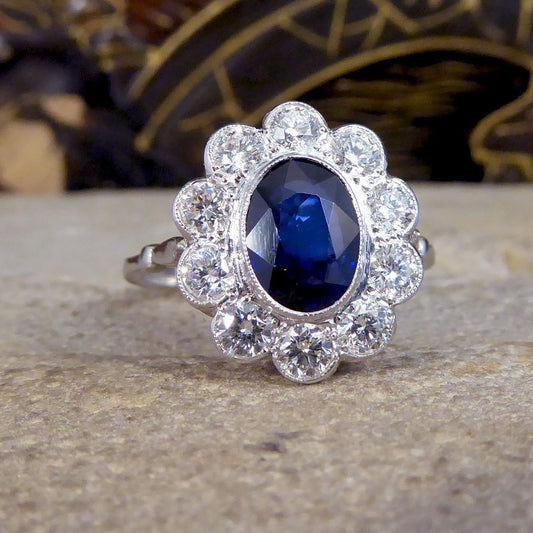 2.07ct Sapphire and 0.95ct Total Diamond Cluster Ring in Platinum - Wharfedale Antiques