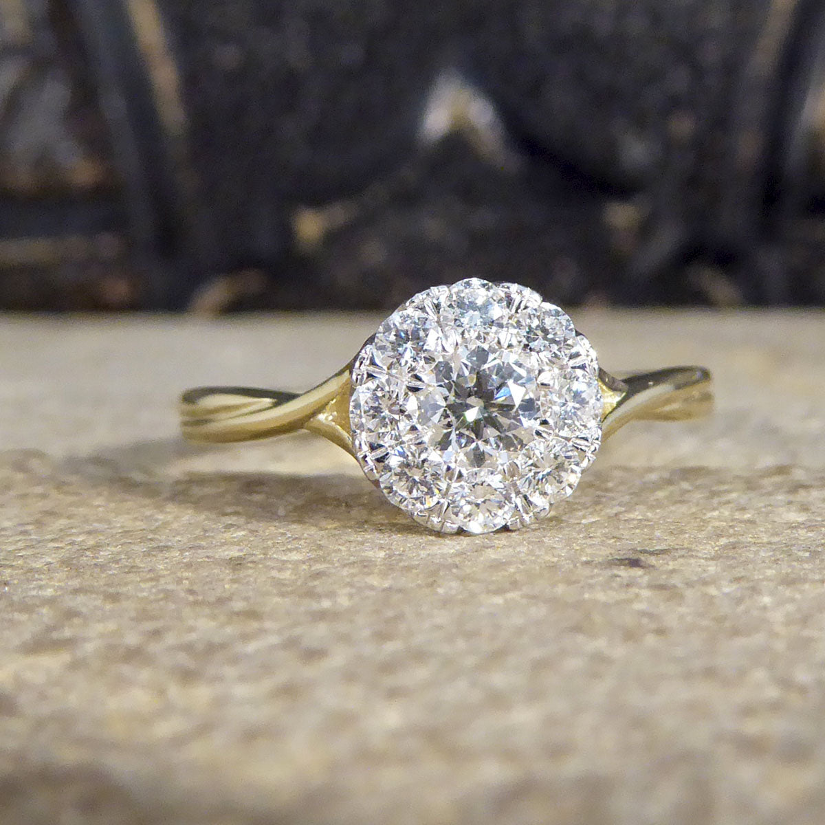 Contemporary 0.50ct Diamond Cluster and 1.75ct Solitaire Look Ring in Yellow Gold - Wharfedale Antiques