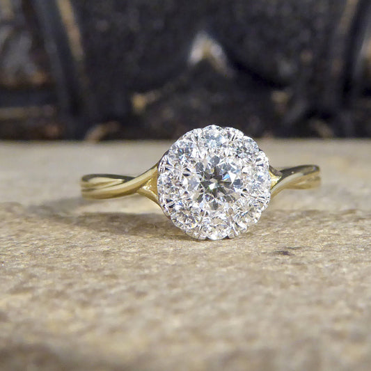 Contemporary 0.50ct Diamond Cluster and 1.75ct Solitaire Look Ring in Yellow Gold - Wharfedale Antiques