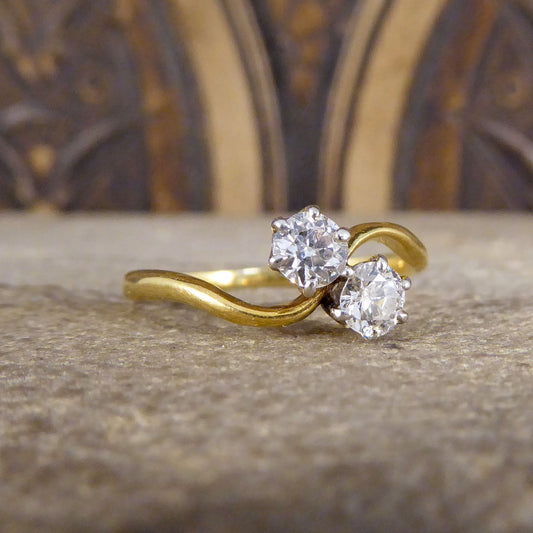 Antique Edwardian Two Stone 0.40ct Diamond Twist Ring in 18ct Yellow Gold - Wharfedale Antiques