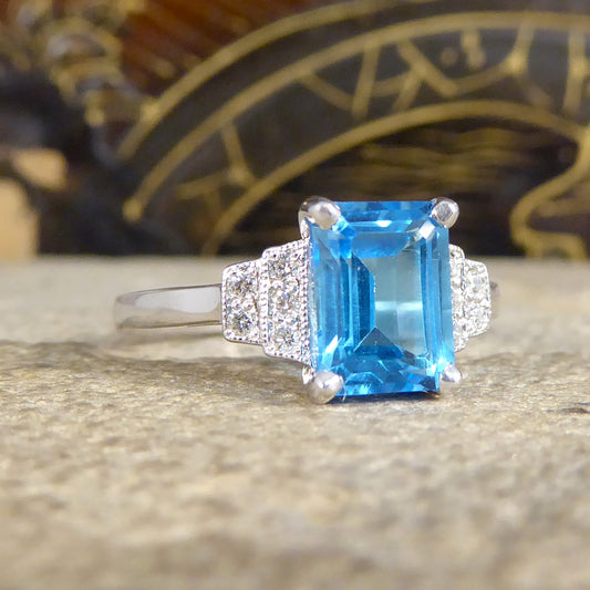 Art Deco Replica Blue Topaz and Diamond Ring in 9ct White Gold - Wharfedale Antiques