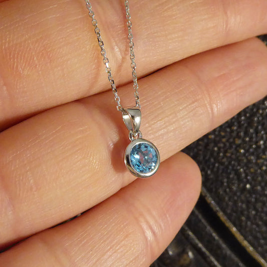 Contemporary Blue Topaz Rub Over Pendant on White Gold Chain - Wharfedale Antiques