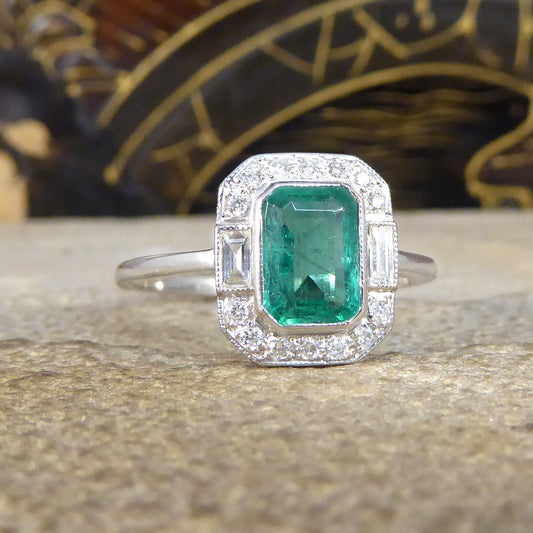Art Deco Inspired 0.90ct Emerald and Diamond Cluster Ring in Platinum - Wharfedale Antiques