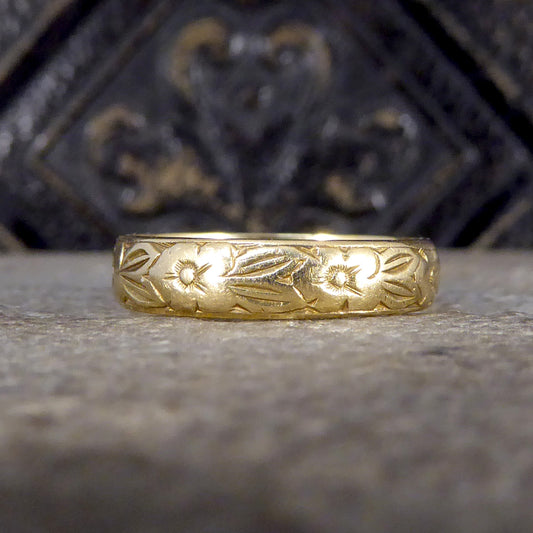 Vintage Floral and Foliage Detailed 18ct Yellow Gold Wedding or Stackable Band - Wharfedale Antiques