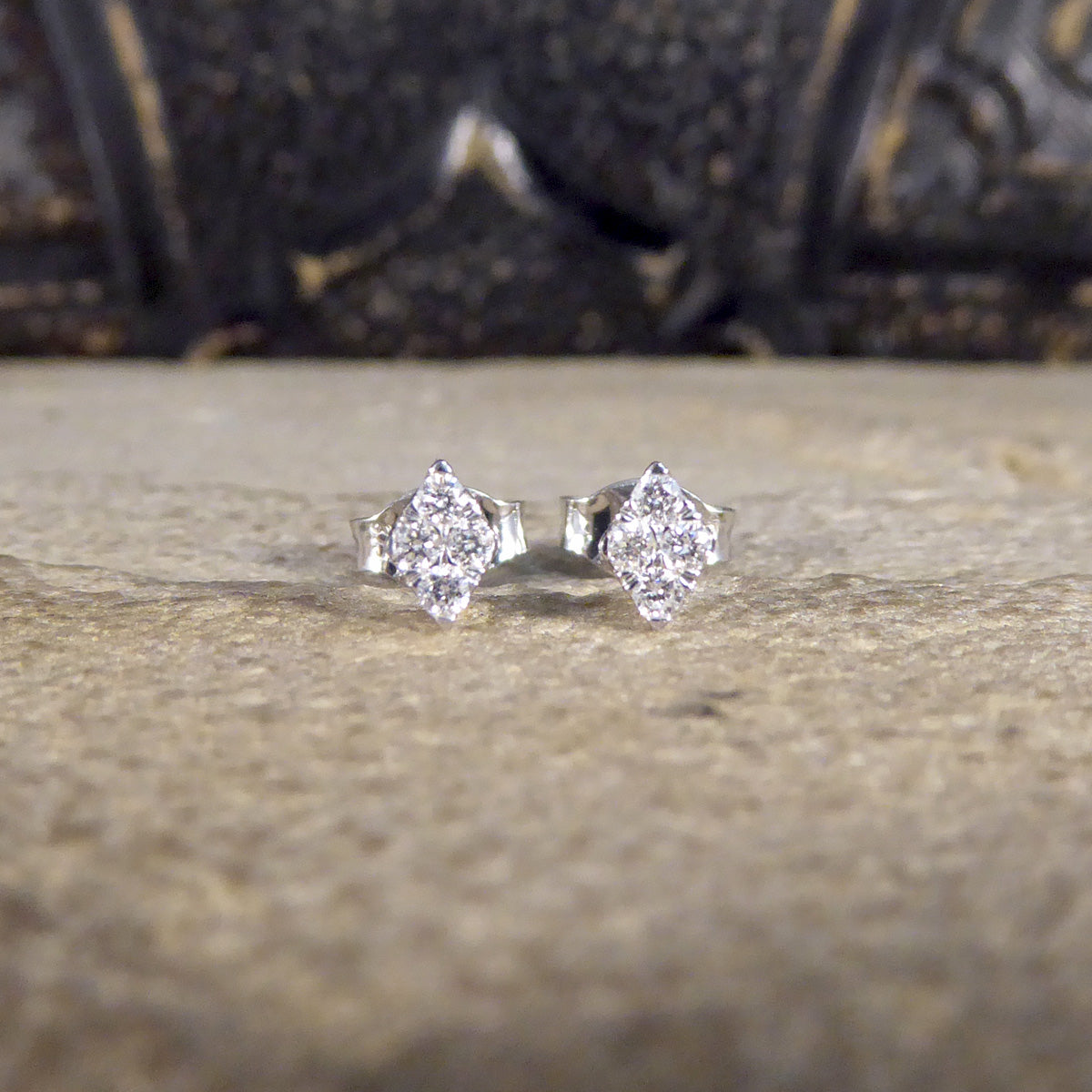 Contemporary Diamond Shaped Diamond Cluster Earrings in White Gold